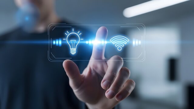 User Interacting with Smart Home and Wireless Connectivity Interface Showing Lightbulb and Wifi Icons - Powered by Adobe