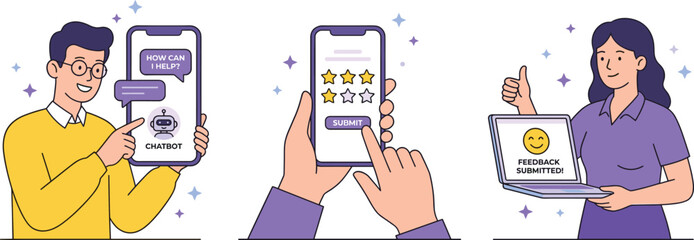 Customer feedback chatbot illustration showing users rating service with star reviews submitting satisfaction surveys mobile app support experience interface design