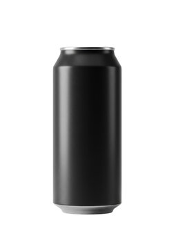 Sleek, pristine matte black aluminum beverage can, 16oz, isolated on a transparent seamless studio background with subtle rim lighting; concept for minimalist packaging design