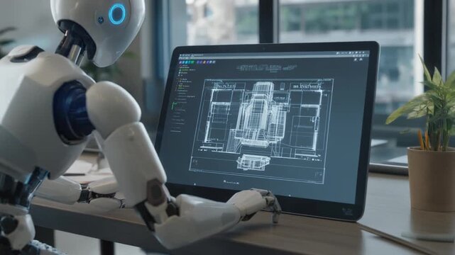 Agentic AI robot is working in a futuristic office computer desk