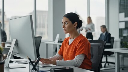 Inmate - felon prisoner inmate is working in a business office at a computer while wearing prison outfit