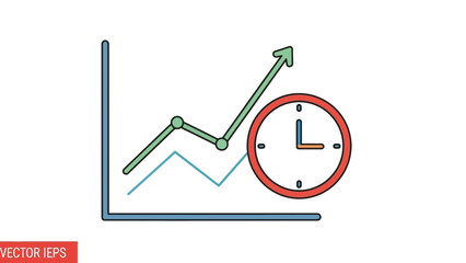 Growing graph with clock indicating progress over time.