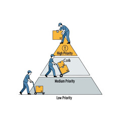 Pyramid diagram shows people moving boxes up levels.