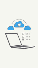 Laptop connected to clouds for data transfer.