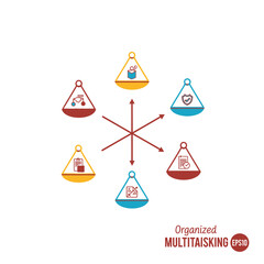 Abstract hexagonal arrangement of colorful geometric shapes and arrows.