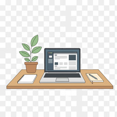 Laptop on a desk with a plant and notebook.