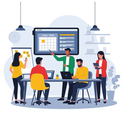 Team meeting in office with presentation on screen.