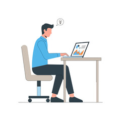 Man working on laptop at desk with charts on screen.