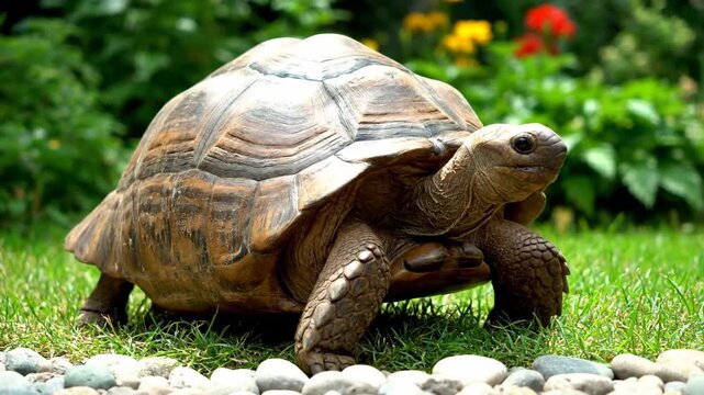 Turtle walking on green grass in a natural setting outdoors