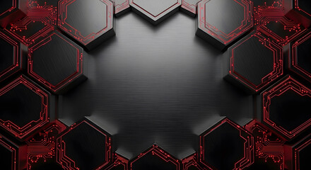 Abstract futuristic black background with glowing red circuit board patterns forming a hexagonal frame