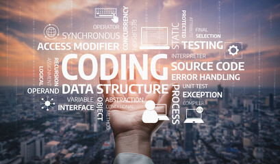 A conceptual image showing a hand holding essential coding terms in front of a city landscape, illustrating the world of programming and software development. Tessel