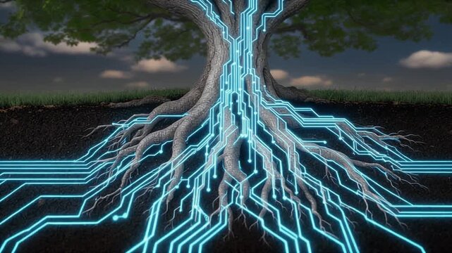 tree with glowing electronic circuitry roots - green technology and data growth concept
