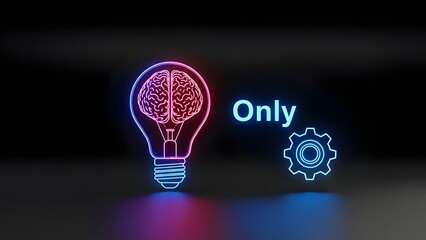 Creative Intelligence Concept with Neon Brain Lightbulb and Gear Icon Representing Thinking Power
