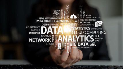 A business professional holds a lightbulb symbolizing innovative ideas in data analytics and cloud computing. Concepts of machine learning and big data integrate seamlessly. Tessel