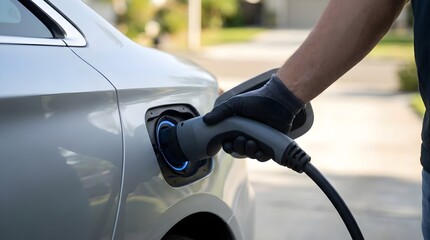 Charging an Electric Car Hand Plugging in the Power Cable to the Vehicle