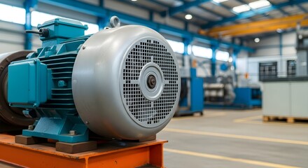 Industrial Electric Motor on Stand at Large Metal Processing Industry Warehouse