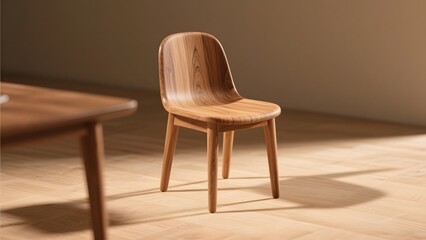Obraz premium Modern wooden chair, minimalist design, natural grain. Comfortable, stylish seating for contemporary interiors, softly lit