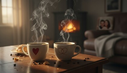 Steaming heart mugs of hot coffee on a wooden table in a cozy living room.