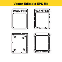  four wanted poster templates with different styles and border designs isolated on white background