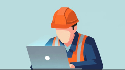Worker in hard hat and vest using a laptop computer.