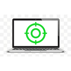 Laptop screen displays a green target icon against a white background.