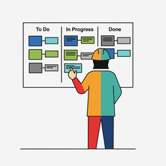Person points at a kanban board with tasks in columns.