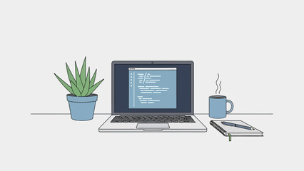 Laptop with plant coffee and notebook on desk.