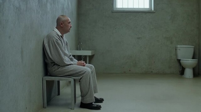A prison inmate sits patiently in cell awaiting sentence in captivity