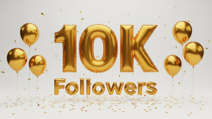 10K followers celebration with golden foil balloons, confetti, and 3D text on white background for social media milestone achievement.