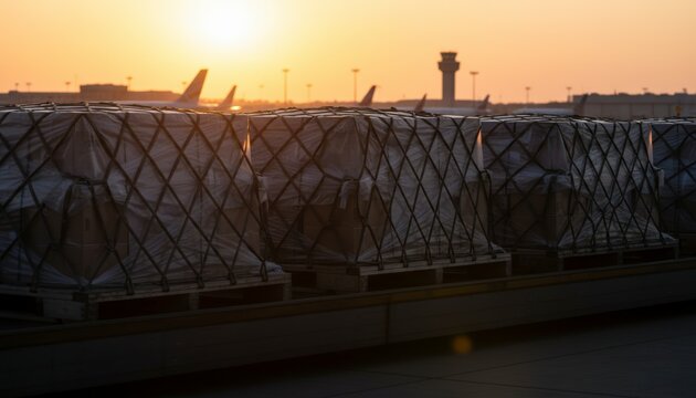 Silhouetted cargo pallets on airport tarmac at sunrise with control tower