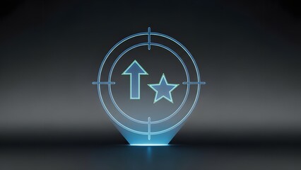 Neon Blue Target Icon with Upward Arrow and Star on Dark Background, High Achievement Concept
