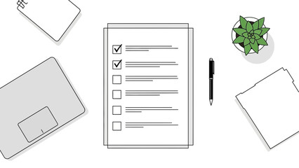 Checklist on paper with pen and plant on desk.