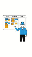 Person pointing at a project management board with tasks.