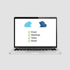 Laptop screen displays cloud icons and checklist items.
