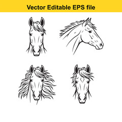  set of four horse head drawings in black and white line art