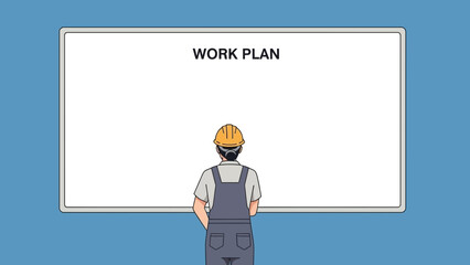 Person in hard hat looks at a whiteboard with "work plan" written.