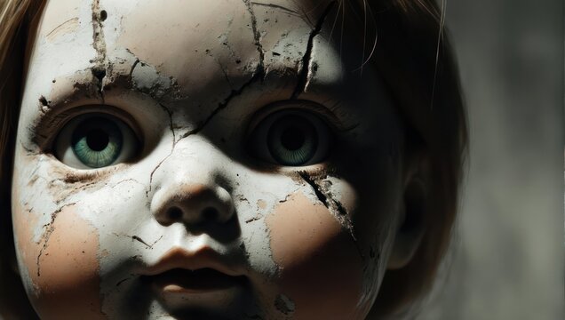 Close-up of a cracked porcelain doll face with intense blue eyes, evoking a chilling, antique vibe