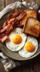 Top view of a classic American breakfast with eggs, bacon, and toast on a rustic plate, cozy morning vibe, vertical photo