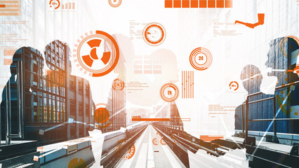 This abstract image illustrates urban development intertwined with digital technology, featuring silhouettes of people discussing ideas over a modern cityscape. Xenic