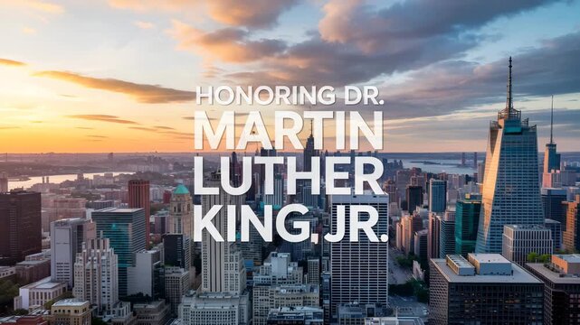 Honoring Dr Martin Luther King Jr with cityscape sunset background featuring skyscrapers 4K Ai HD high quality video.