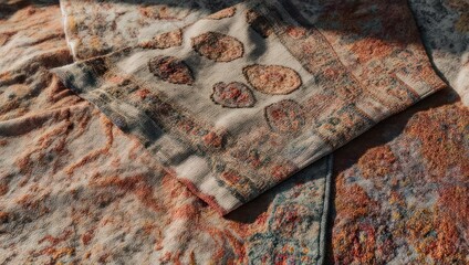 Close-up of a folded rug with detailed patterns and earthy tones; textural folds evident