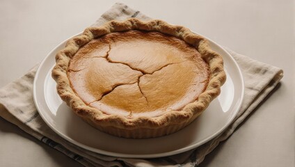 Close-up of a golden, cracked baked pie in a white dish on a textured linen cloth