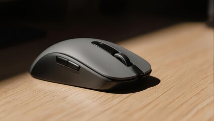 Close-up of a gray computer mouse on a wooden desk, lit by soft sunlight