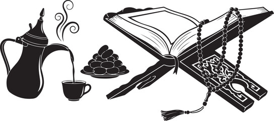 Islamic Ramadan Iftar Elements with Holy Quran, Dates, Arabic Coffee Pot and and Prayer Beads Black and White Vector Illustration Isolated on White