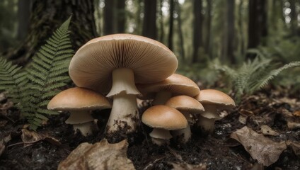 Close-up of a group of mushrooms with large caps in a forest with ferns