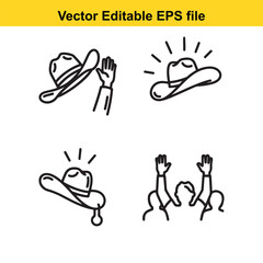  four black line drawings of hands and hats in various positions and movements on a white background