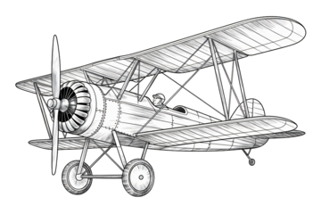Vintage Airplane Illustration in Monochrome Line Art on White Background for Aviation History