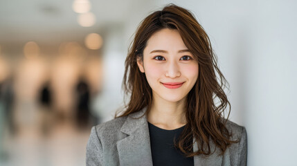 Elegant Japanese office worker smiling naturally, blurred modern corporate background, minimalistic composition, professional studio lighting