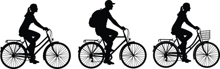 Obraz premium Silhouette of people riding bicycles, urban commuters cycling in motion, eco friendly transportation lifestyle isolated on white background