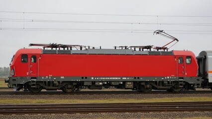 Obraz premium Modern red electric locomotive on railway tracks outdoors